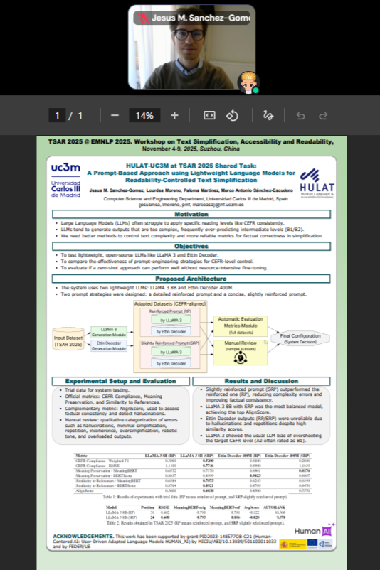 El profesor Jesús M. Sánchez-Gómez presenta el artículo "HULAT-UC3M at TSAR 2025 Shared Task A Prompt-Based Approach using Lightweight Language Models for Readability-Controlled Text Simplification" en formato póster en la 4ª edición de la tarea TSARcelebrada conjuntamente con la 30ª edición del congreso EMNLP en Suzhou, China