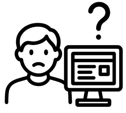Illustration of a person, a computer screen, and a question mark